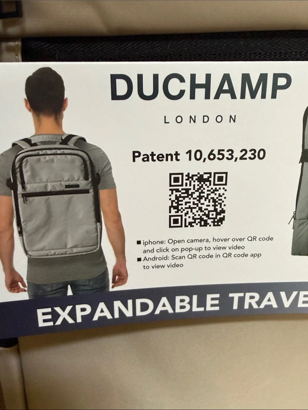 Duchamp Beige Expandable Travel Backpack/ Suitcase with laptop pocket and USB.